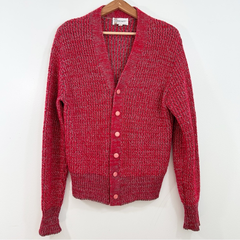 VTG Heritage Sportswear Red Gray Cardigan Sweater Large Made In USA 80s Preppy